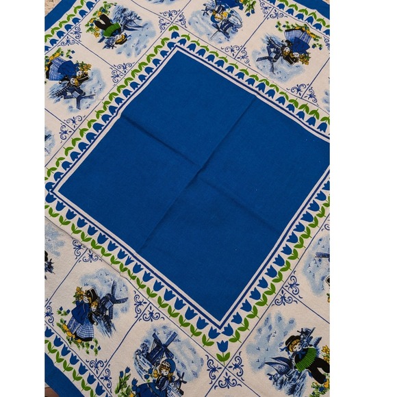 Vintage Dutch Windmill Tulip Cotton Square Tablecloth Blue White Folk Art 27x27 - Picture 4 of 6